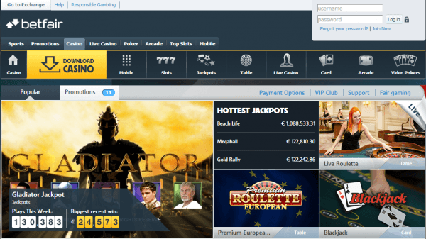 Capture D'écran du casino en ligne Betfair